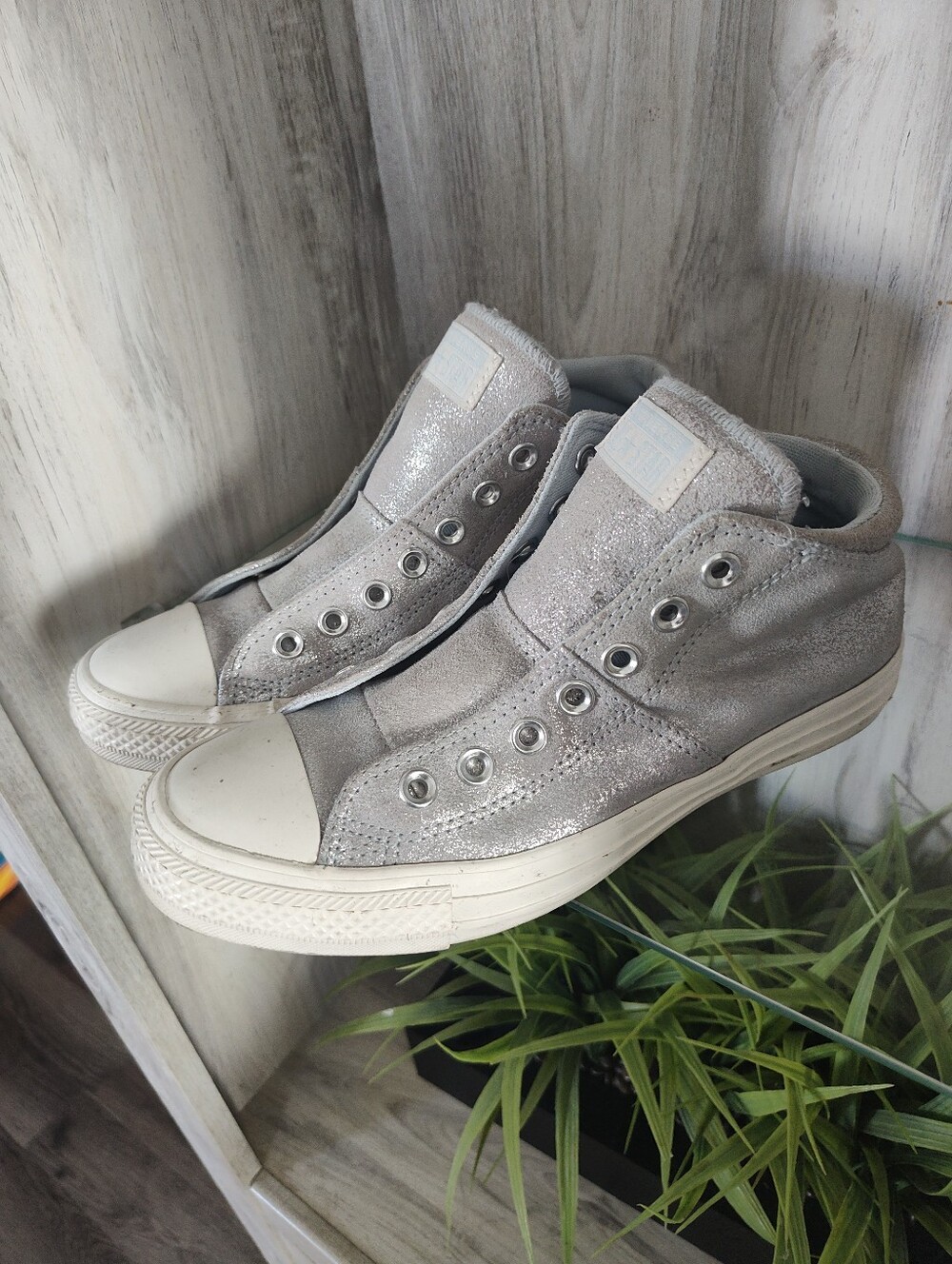 Converse Women's Silver Glitter High Top Sneakers SZ 8.5 (25 CM) Laces Missing
